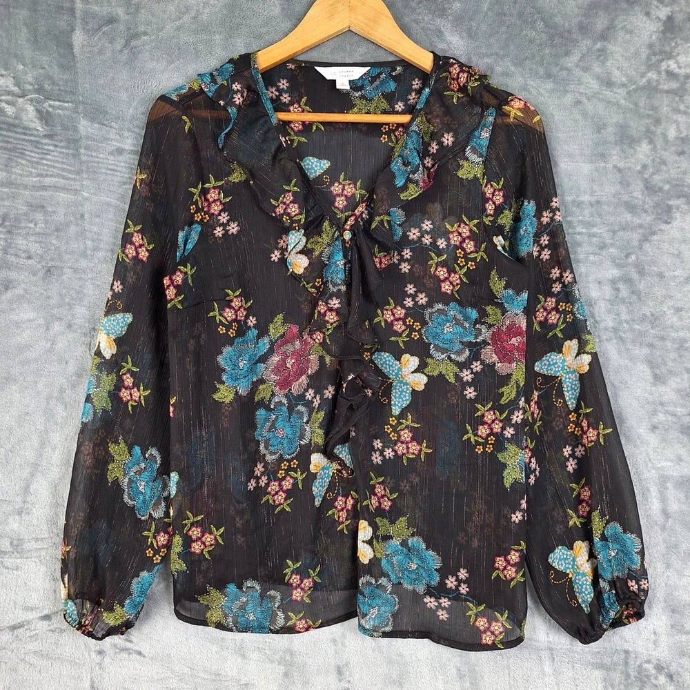 Womens Top Small Black Romantic Floral Sheer Ruffle Button‎ Whimsigoth Victorian